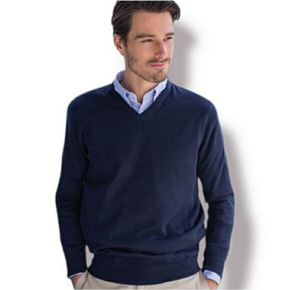 Eddie Bauer Cotton/Cashmere Men's V-neck Navy Sweater - Picture 1 of 11